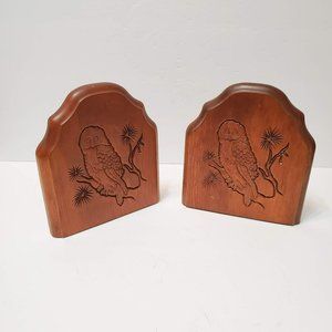 Vintage Wood Owl Bookends Set of 2, Carved Wooden Bookend, Owl in Tree